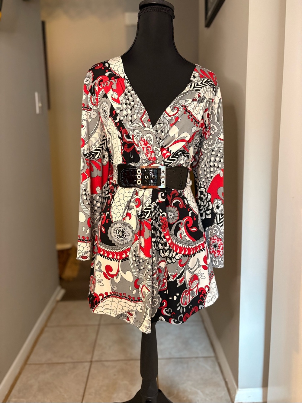 Cato Red Black Gray Paisley Wrap Blouse with Belt
